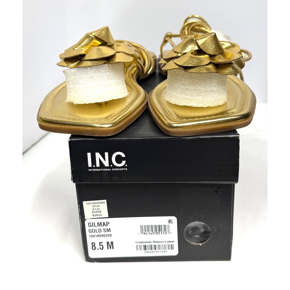 I.N.C Gilmap Gold Flower Flat Sandal Strappy Lace Up Size 8.5 M NWT/BOX